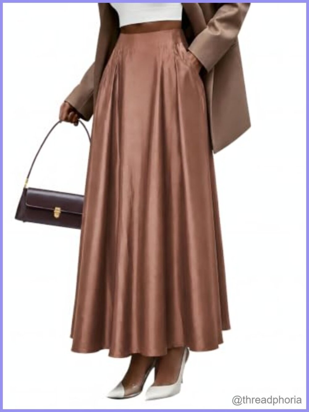 Womens Satin Maxi Skirt Flared A-Line High Waist with Pockets